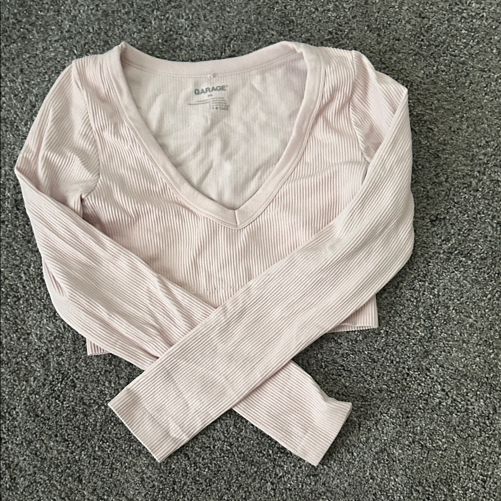 Garage Women's Light Pink Ribbed V-Neck Blouse